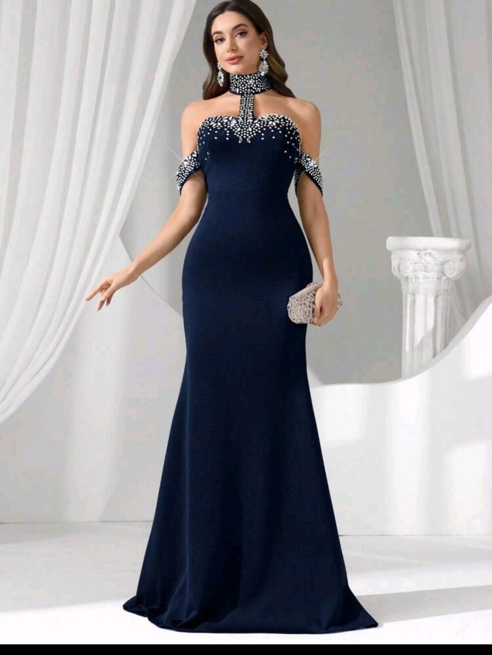 Elegant Navy Blue Off-Shoulder Evening Gown with Beaded Neckline
